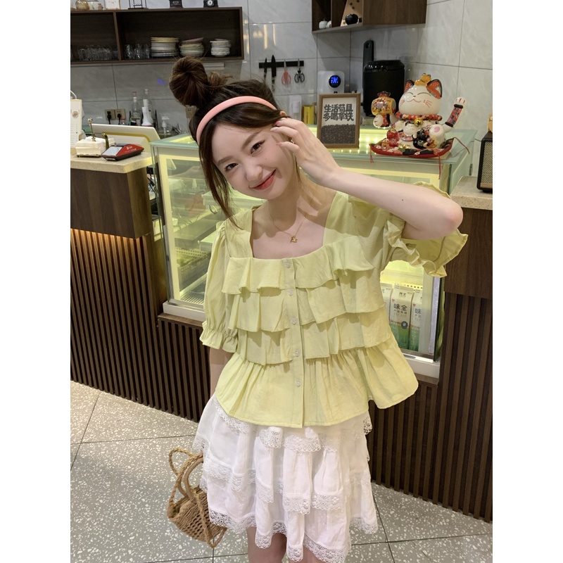 Áo Sơ Mi Ngắn Tay Cổ Vuông Dáng Rộng Thiết Kế Mới Thời Trang Mùa