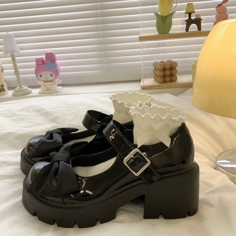 Giày Búp Bê Da Đế Dày Đính Nơ Phong Cách Lolita Nhật Bản