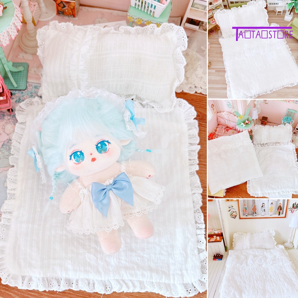 1 Bộ Ga Trải Giường Ba Món Bằng Vải Ren Trắng Phong Cách Công Chúa Dành Cho Búp Bê 20cm