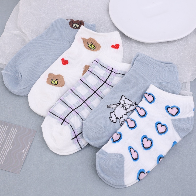 Bộ 5 Đôi Vớ Ngắn Bằng Cotton Thoáng Khí Chống Trượt Họa Tiết Gấu Hoạt Hình Phong Cách Harajuku Cho Nữ