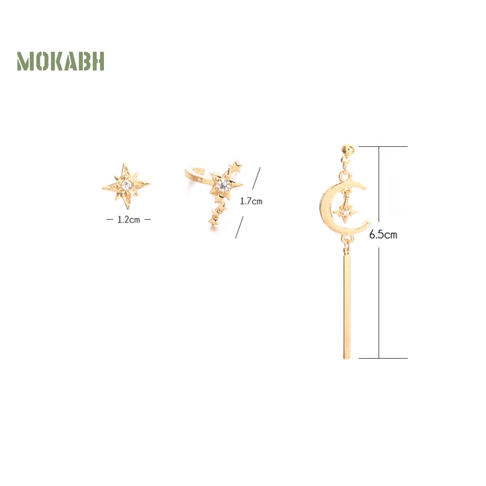 Bộ 3 Bông Tai Hình Ngôi Sao / Mặt Trăng Đính Đá Thời Trang Cho Nữ