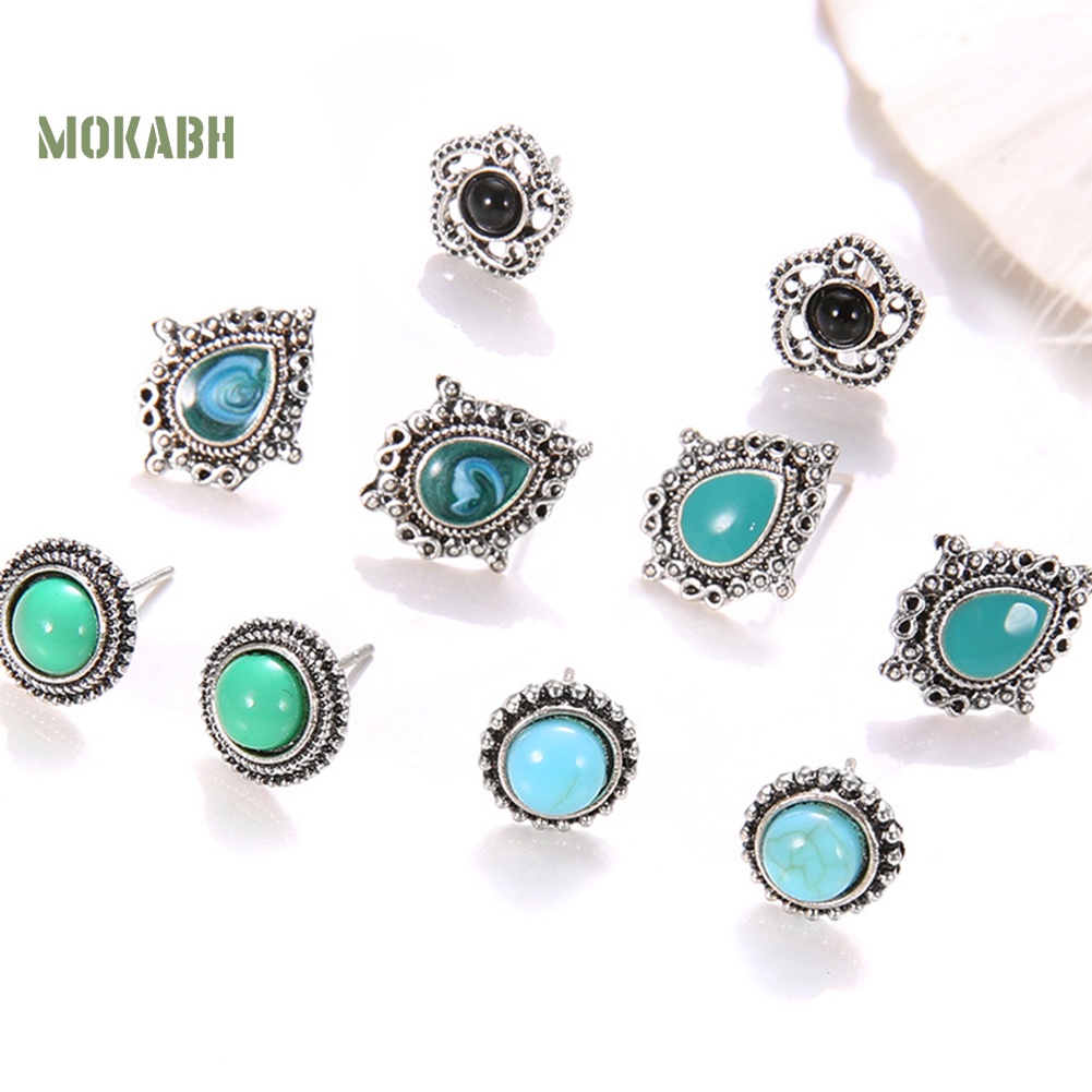 Set 5 Đôi Bông Tai Xỏ Lỗ Đính Đá Ngọc Lam Giả Phong Cách Bohemia Thời Trang