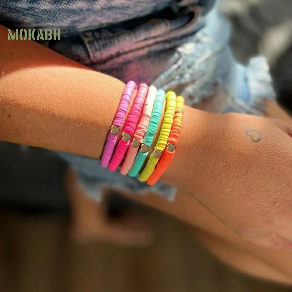 [Mới] Vòng Tay Xỏ Hạt Đất Sét Polymer Nhiều Màu Sắc Phong Cách Bohemian Thủ Công Mịn Màng Trang Trí Hạt Cườm Phẳng Nhẹ