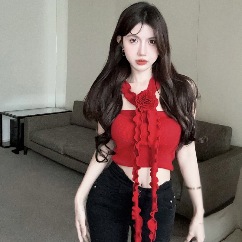Áo Lót Dệt Kim Hai Dây Ngắn Hình Hoa Hồng Ruy Băng Không Đều Khí Chất Cho Nữ