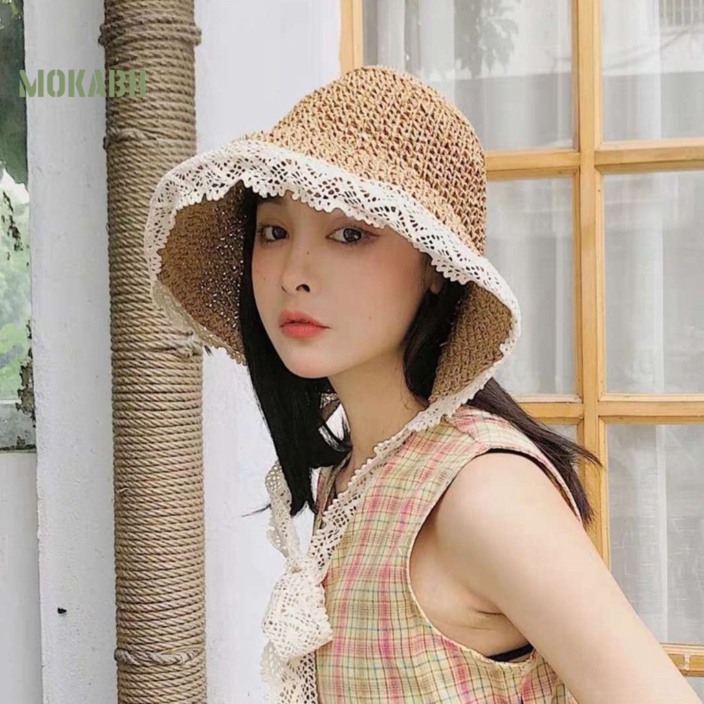 [Mok Abh] Mũ Tai Bèo Dệt Kim Vành Rộng Màu Trơn Có Dây Cột Chống Nắng Phong Cách Đồng Quê Cho Nữ