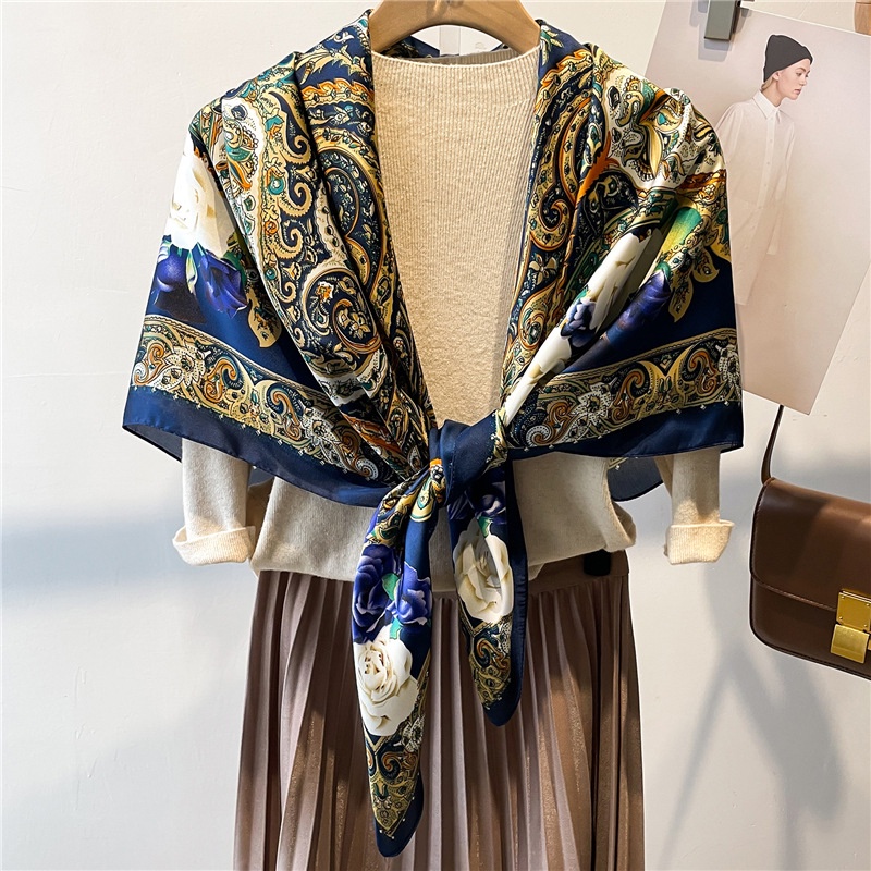 Khăn Choàng Cổ Hình Vuông Cỡ Lớn 110cm Vải Satin Họa Tiết Chấm Bi Màu Đen Thời Trang Mùa Hè Thanh Lịch