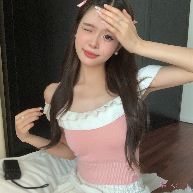 Áo Croptop Dệt Kim Trễ Vai Viền Bèo Màu Sắc Tương Phản Phong Cách Hàn Quốc Thời Trang Mùa Hè Cho Nữ