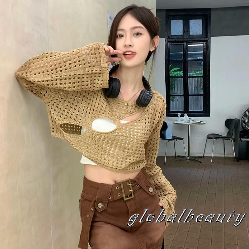 Áo Thun Dệt Kim Tay Dài Cổ Tròn Dáng Rộng Khoét Lỗ Thời Trang Cho Nữ