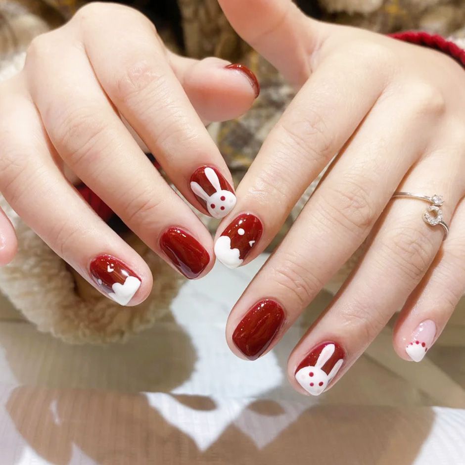 Miếng Dán Trang Trí Móng Tay Họa Tiết Thỏ Và Hoa Dễ Thương