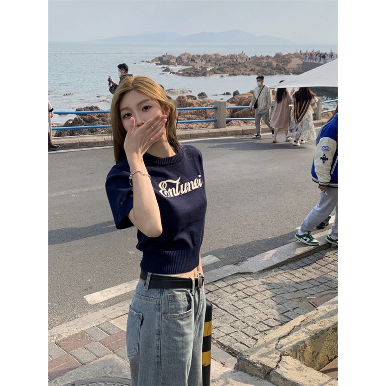 Áo Thun Dệt Kim Tay Ngắn Cổ Tròn Dáng Rộng In Họa Tiết Thời Trang Mùa Hè Phong Cách Hàn Quốc