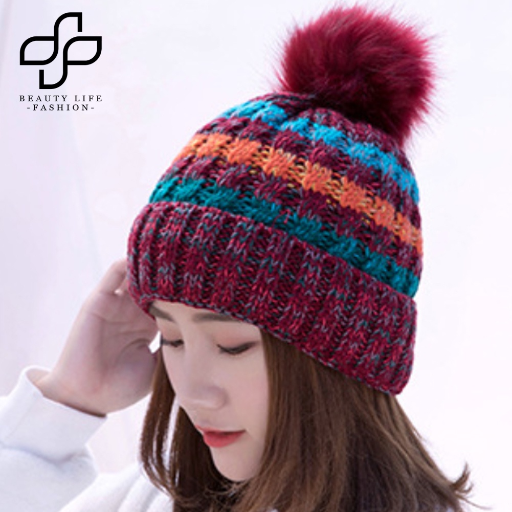 Mũ Len Beanie Đính Quả Bông Nhiều Màu Sắc Thời Trang Thu Đông Cho Nữ