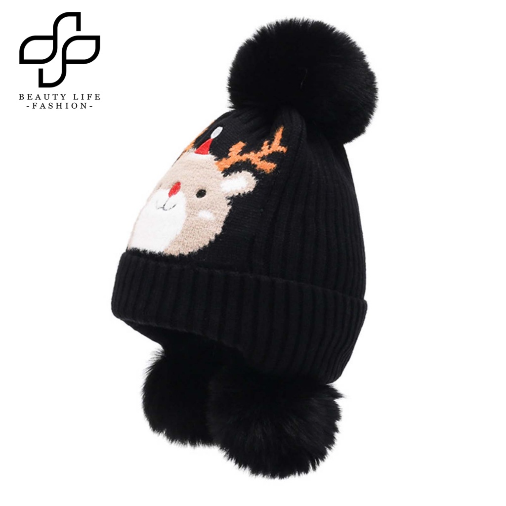 Nón Beanie Họa Tiết Thú Hoạt Hình Trang Trí Bóng Lông Cho Bé