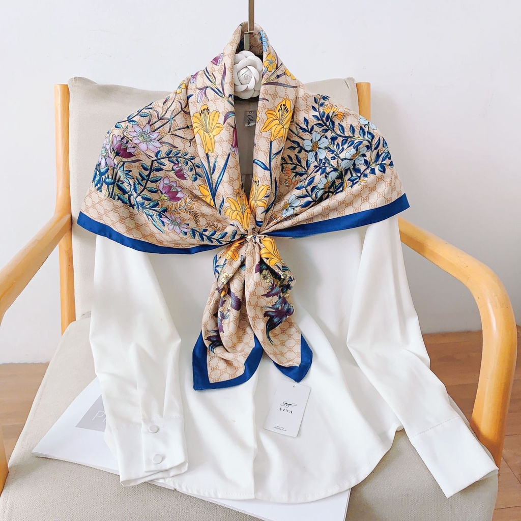 Khăn Quàng Cổ Lụa Hình Vuông Cỡ Lớn 90 * 90cm Chống Nắng Mùa Hè Dễ Phối Đồ In Họa Tiết Hoa Cho Nữ