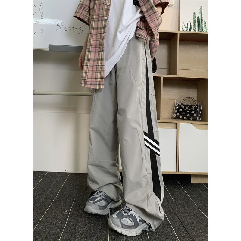 Quần Thể Thao Dây Rút Kẻ Sọc Bên Hông Dáng Rộng Phong Cách Retro Mỹ