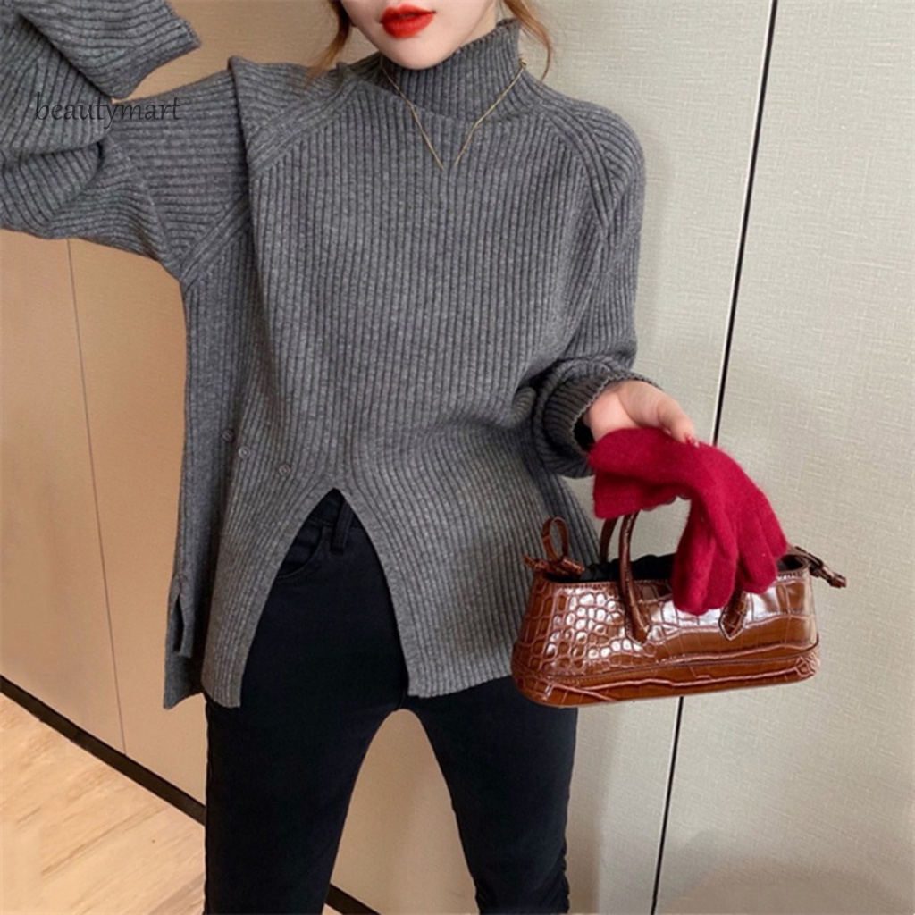 Áo Sweater Cổ Lọ Tay Dài Dáng Rộng Màu Sắc Đơn Giản Thiết Kế Xẻ Tà Thời Trang Mùa Đông Cho Nữ beautymartm1