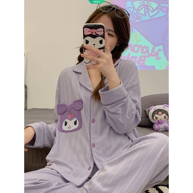 SANRIO Bộ Đồ Ngủ Tay Dài Dáng Rộng In Hình Kuromi Dễ Thương Thời Trang Xuân Thu 2023 Phong Cách Nhật Bản Cho Bạn Gái