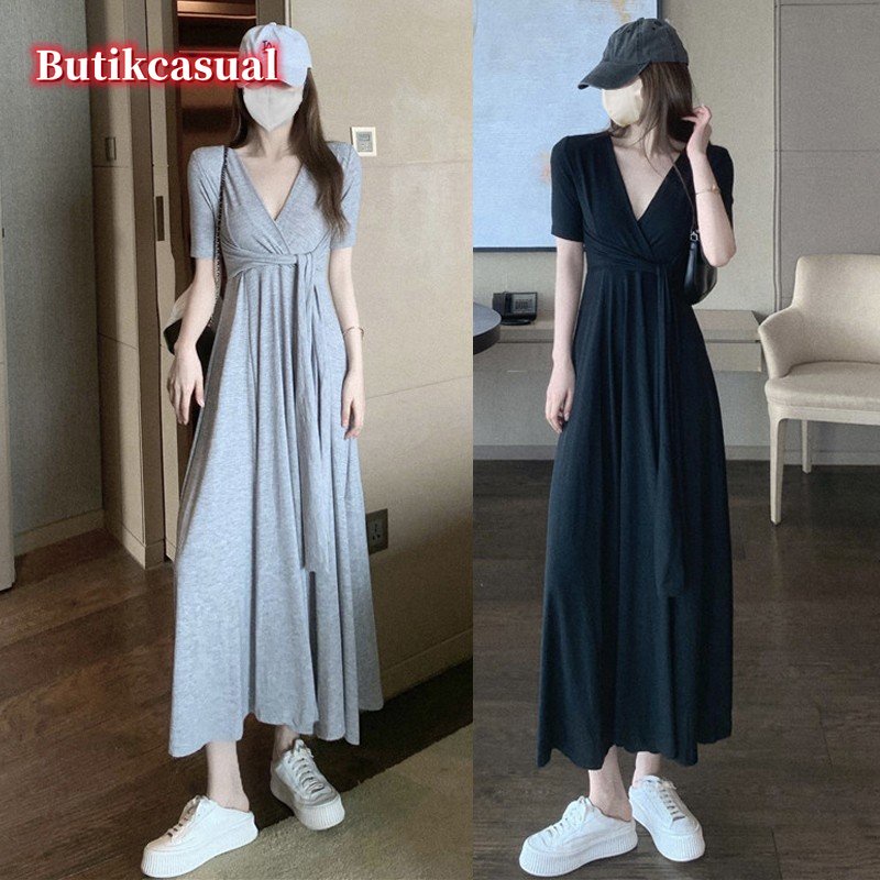 Đầm Cotton Dài Dáng Rộng Cổ Chữ V Xẻ Tà Màu Trơn Thời Trang Mùa Hè 2023 Cho Nữ