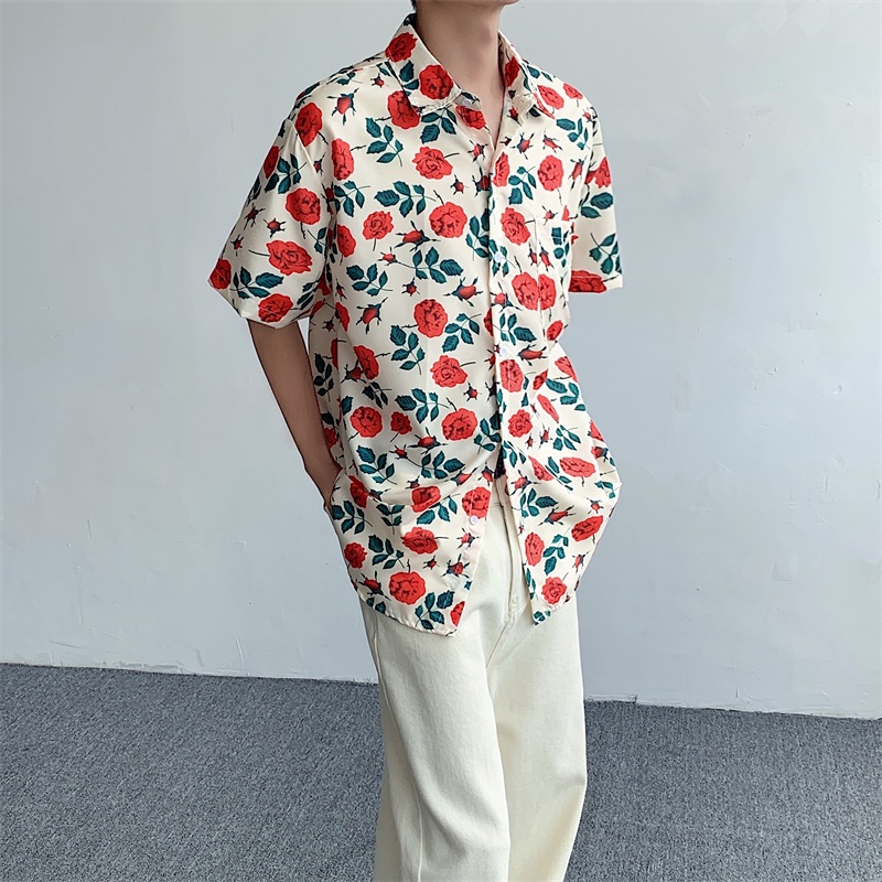 Áo Sơ Mi Ngắn Tay Dáng Rộng In Họa Tiết Hoa Thời Trang Harajuku Nhật Bản Cho Nam