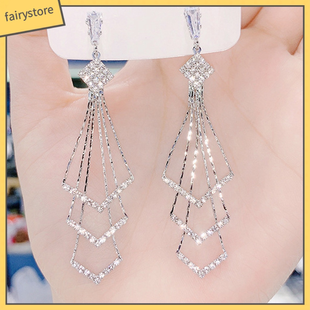 [FRO] Bông Tai Treo Ba Lớp Hình Thoi Đính Kim Cương Giả Lấp Lánh Dành Cho Nữ