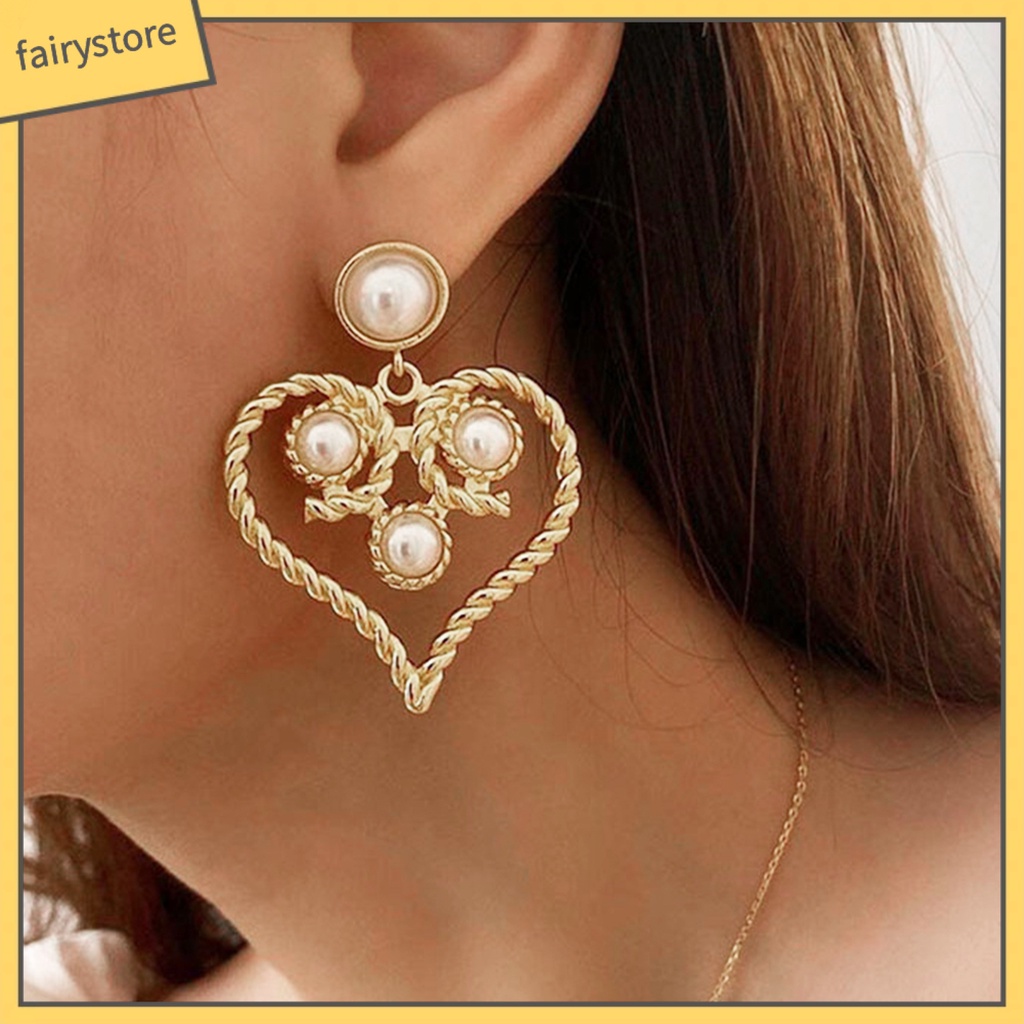 1 Đôi Bông Tai Hình Trái Tim Đính Ngọc Trai Giả Phong Cách Cung Điện