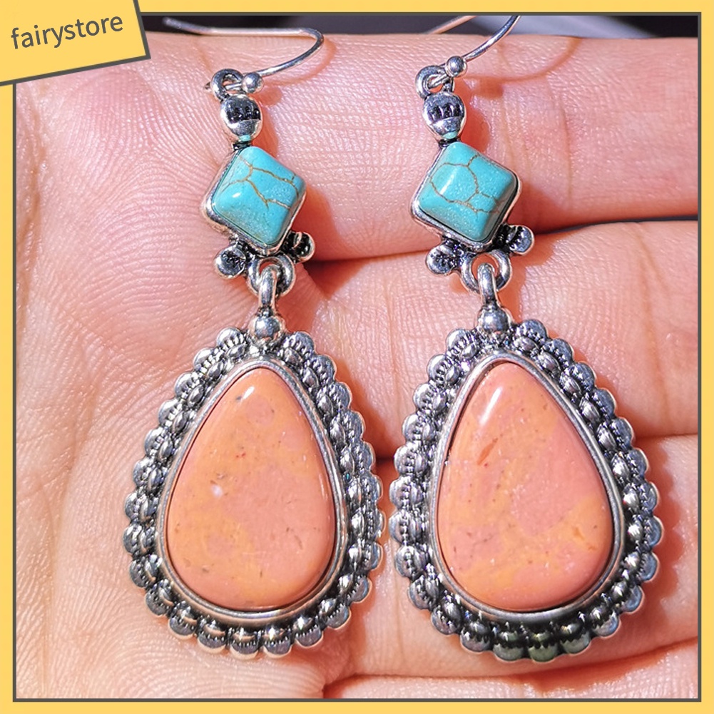 Bông Tai Đính Đá Ngọc Lam Giả Hình Giọt Nước Phong Cách Vintage Dành Cho Nữ