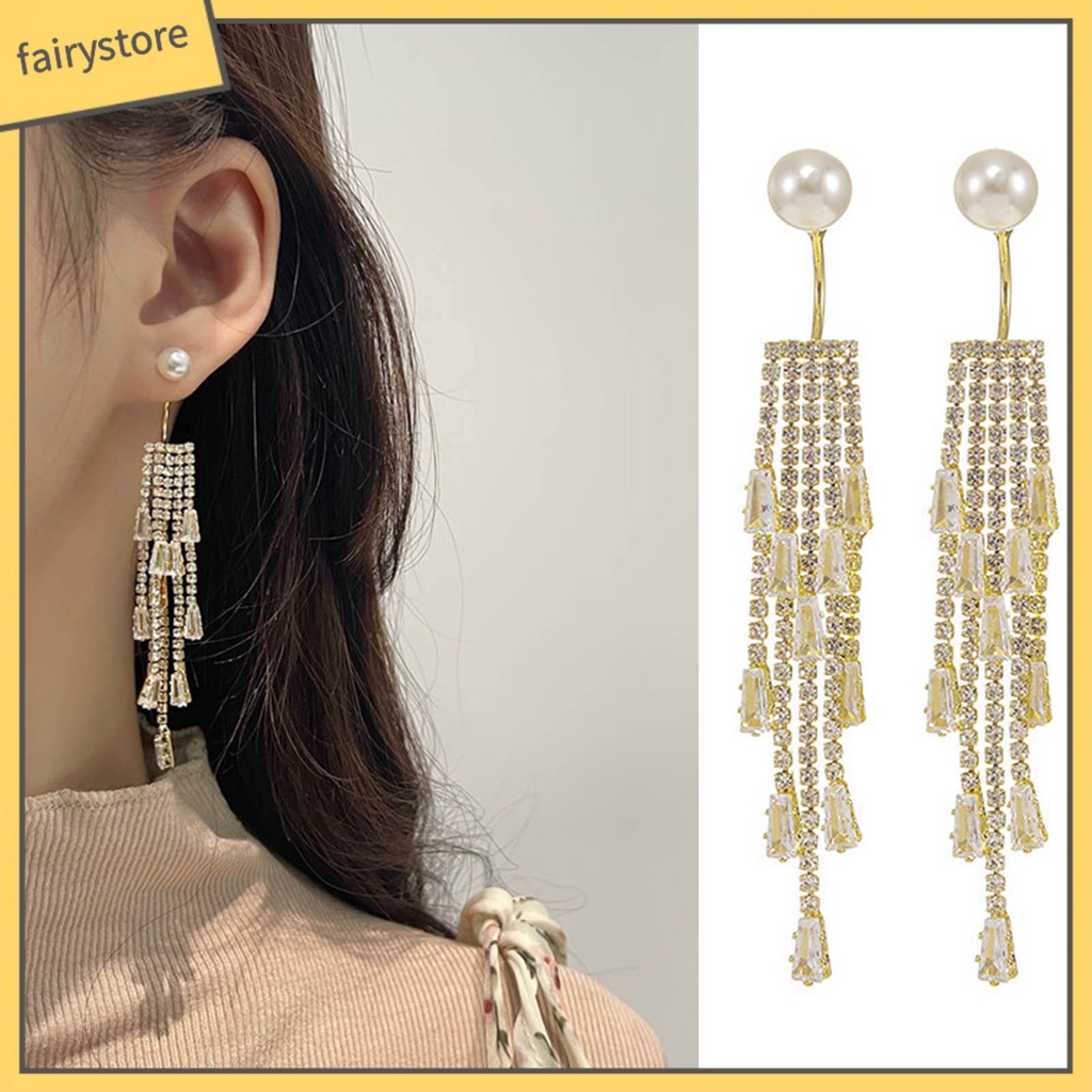 1 Đôi Bông Tai Dáng Dài Đính Ngọc Trai Giả Lấp Lánh Phong Cách Hàn Quốc