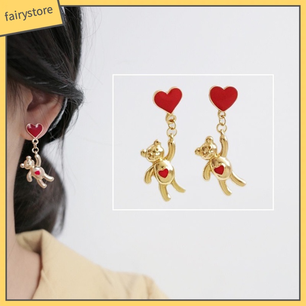 [FRO] Khuyên Tai Bất Đối Xứng Hình Khinh Khí Cầu Trái Tim Gấu Ngọt Ngào Cho Nữ