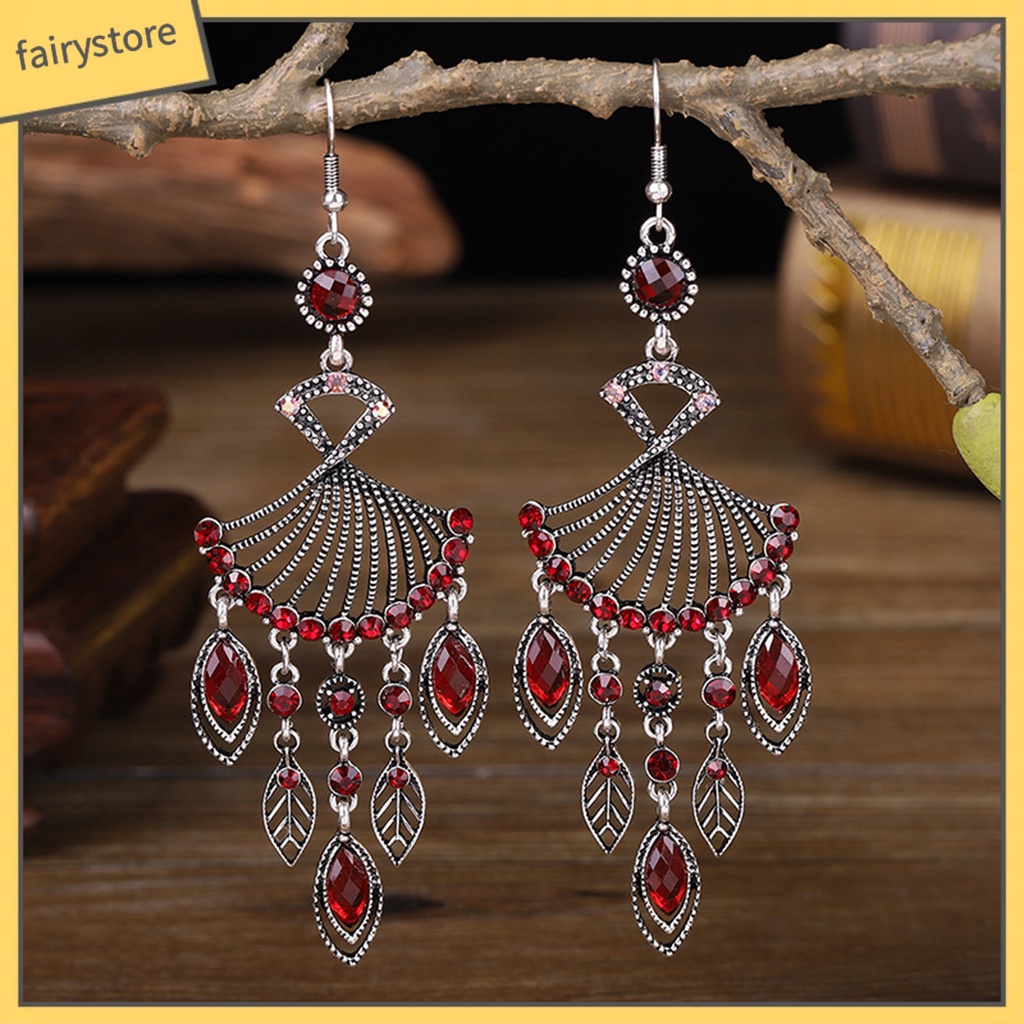 1 Đôi Bông Tai Dáng Dài Hình Quạt Đính Pha Lê Giả Phong Cách Bohemian Thời Trang Cho Nữ