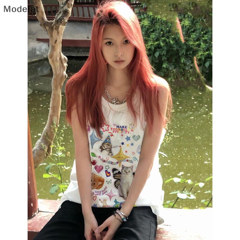 Áo Sát Nách Cổ Tròn Dáng Rộng In Họa Tiết Mèo Kiểu Retro Mỹ Thời Trang Mùa Hè Cho Nữ