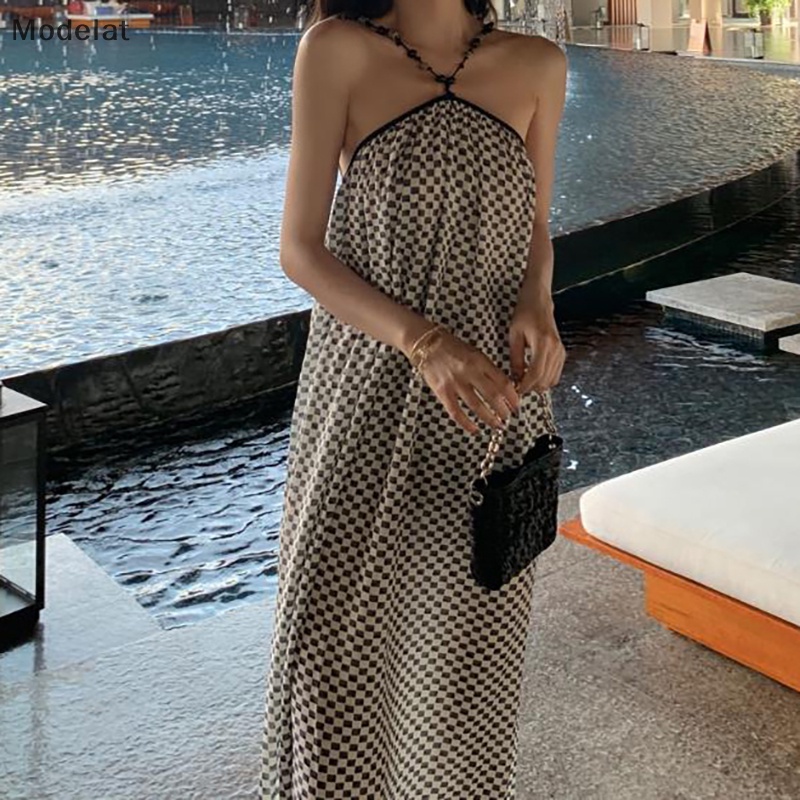 Đầm Chiffon Hai Dây Hở Lưng Họa Tiết Sọc Caro Phong Cách Boho Quyến Rũ Cho Nữ