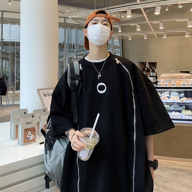 Áo Thun Tay Ngắn Phối Khóa Kéo Đôi Phong Cách Thời Trang Unisex