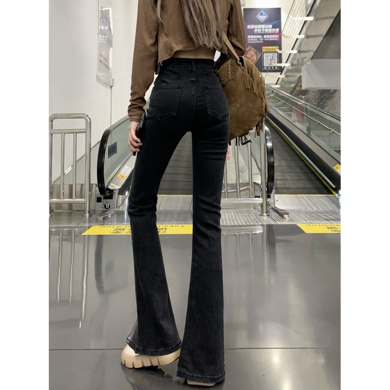 【✨Hàng Có Sẵn Giao Hàng Nhanh Chóng✨] Quần Jean Ống Loe Xẻ Tà Nhẹ Nhàng Ôm Dáng Lưng Cao Co Giãn Màu Gradient Phong Cách Mỹ Cổ Điển Mùa Thu Mới Cho Nữ