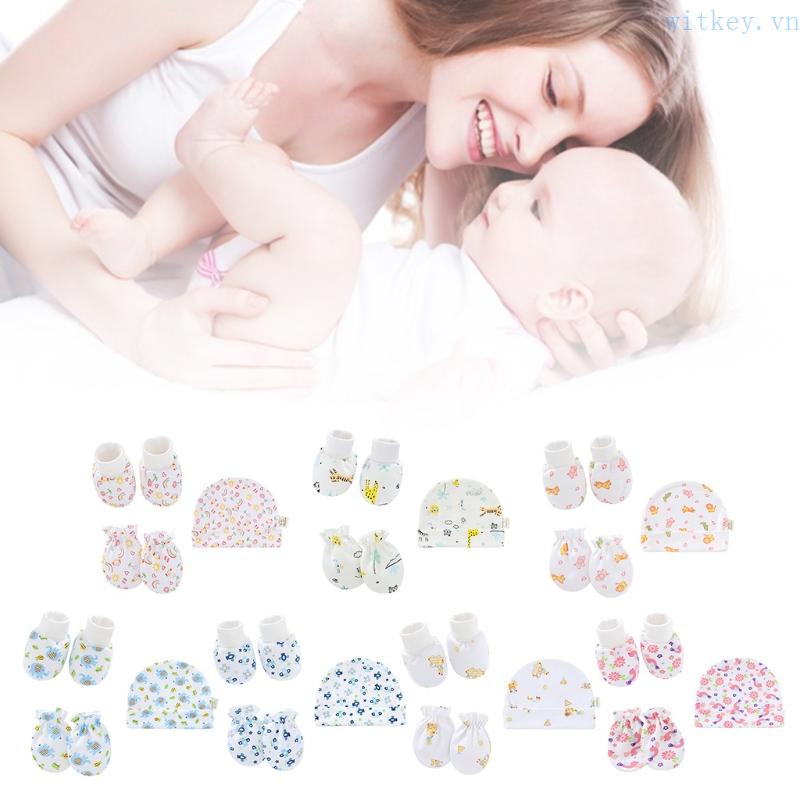 Set 3 Đôi Găng Tay / Mũ / Vớ Bằng Vải Cotton Mềm Thoải Mái Chống Trầy Xước Cho Bé 0-3 Tháng Tuổi