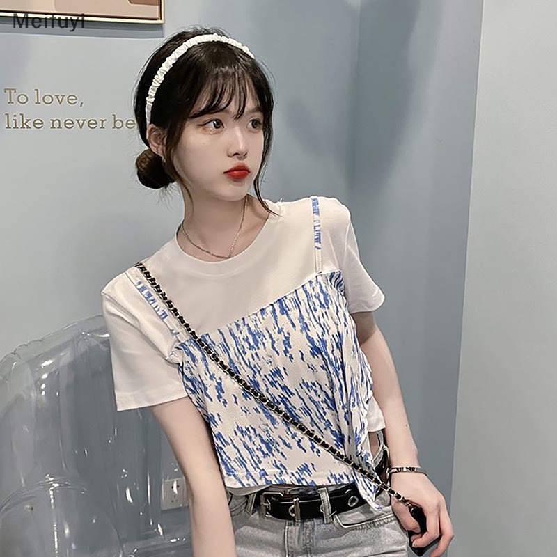 Áo Thun Ngắn Tay Cổ Tròn Giả Hai Lớp Nhuộm Màu Thời Trang Mùa Hè Cho Nữ