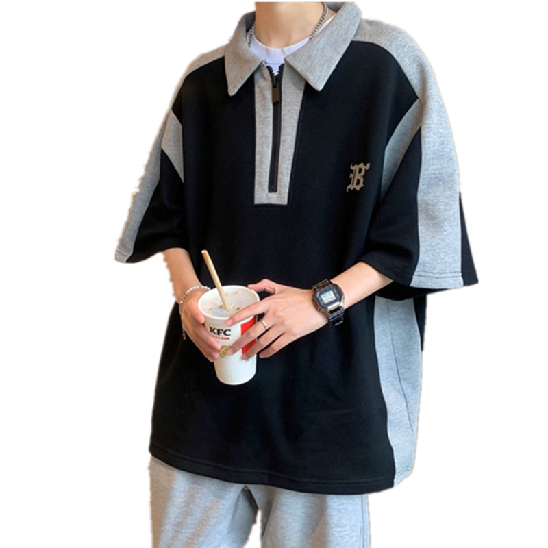 Áo Thun polo Ngắn Tay Form Rộng Màu Sắc Tương Phản Phong Cách Mỹ Thời Trang Mùa Hè Cho Nam