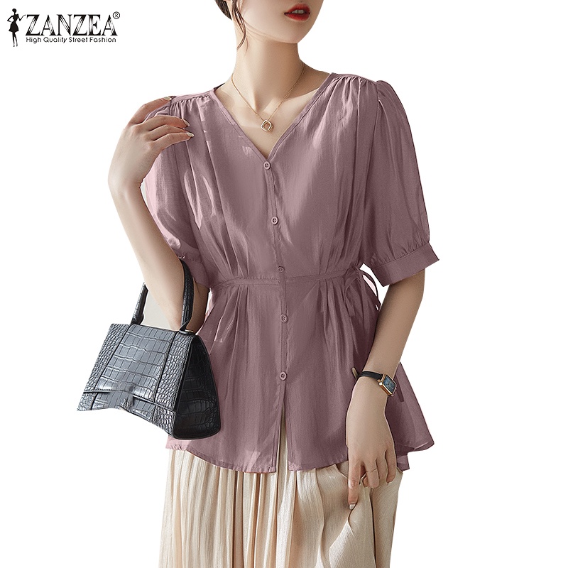 Zanzea Áo Peplum Tay Ngắn Phồng Cổ Chữ V Xếp Ly Thời Trang Cho Nữ