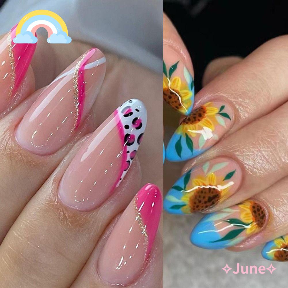 JUNE Bộ 24 Móng Tay Giả Họa Tiết Báo Hồng Dễ Tháo Rời Diy