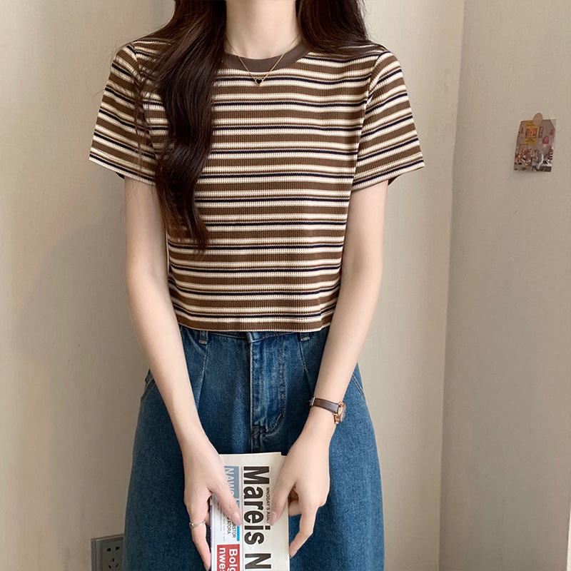 SUXI Áo Thun Ngắn Tay Cổ Tròn Họa Tiết Kẻ Sọc Phong Cách Vintage