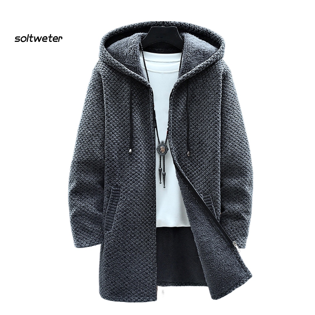 Áo Khoác Sweater Dệt Kim Tay Dài Có Mũ Trùm Vải Lông Dày Dặn Phối Dây Rút Thời Trang Thu Đông Đường Phố