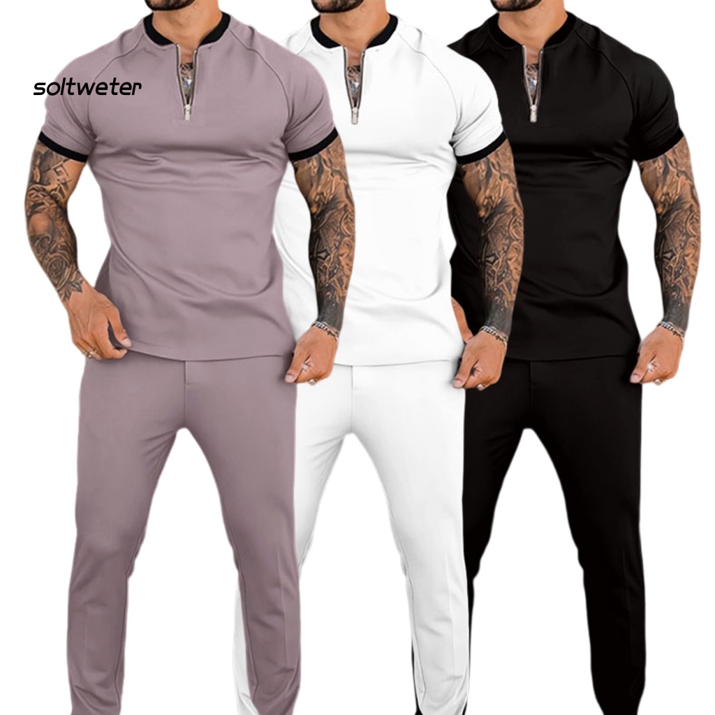 1 Bộ Áo Thun Tay Ngắn Dáng Ôm + Quần Dài Khóa Kéo Phối Màu Thời Trang Mùa Hè Cho Nam