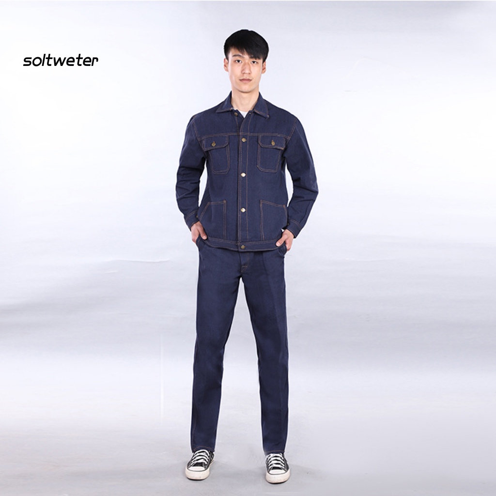 Bộ 2 Món Áo Khoác Denim Tay Dài Cổ Bẻ Cài Một Hàng Nút Sắt + Quần Dài Tới Mắt Cá Chân Có Nhiều Túi Cho Nam