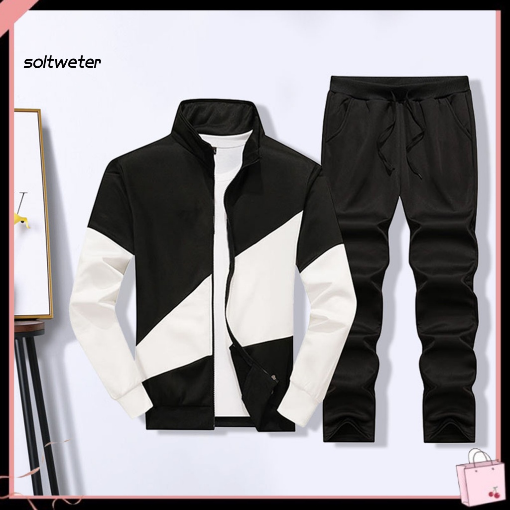 1 Bộ Áo Khoác Cổ Đứng Phối Màu Tương Phản + Quần Lưng Thun Phong Cách Đường Phố Thời Trang Xuân Thu Cho Nam