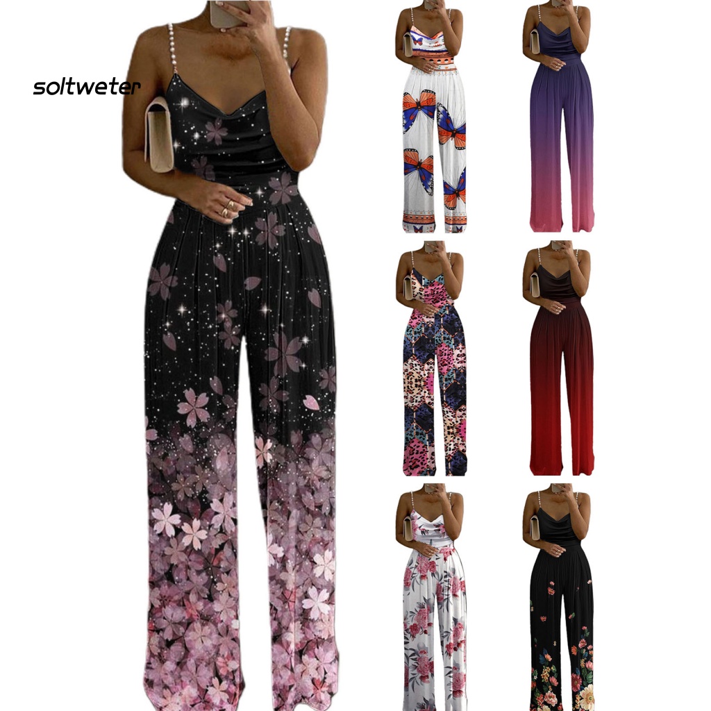 Bộ Áo Liền Quần Hai Dây Dáng Rộng In Hoa Đính Ngọc Trai Nhân Tạo Thời Trang Đường Phố Cho Nữ