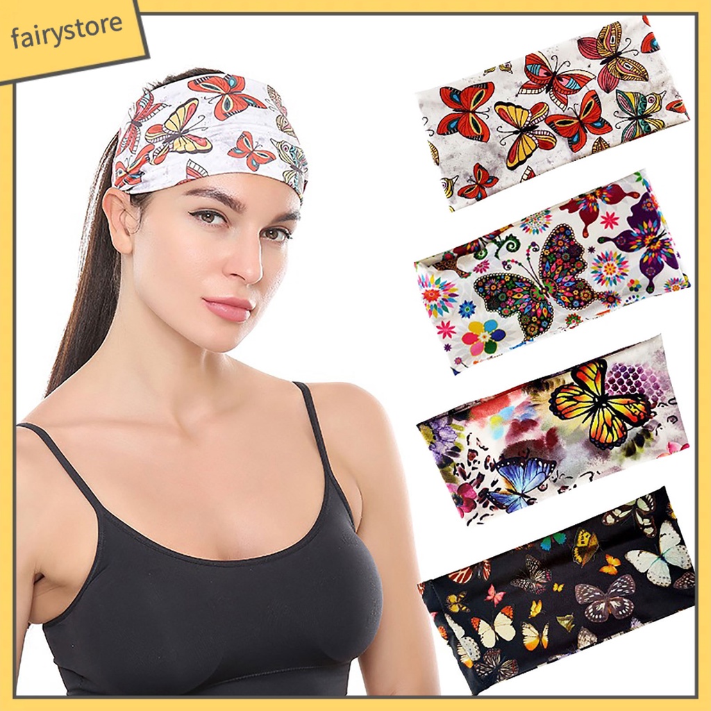 Băng Đô Cài Tóc Bản Rộng Co Giãn In Họa Tiết Bướm Phong Cách Thể Thao Thời Trang Cho Nữ