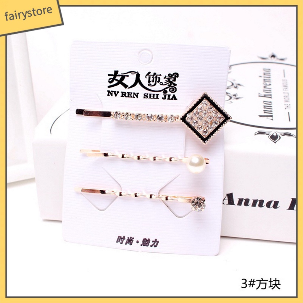 Bộ 3 Kẹp Tóc Đính Đá Họa Tiết Trái Tim / Hình Vuông Thời Trang