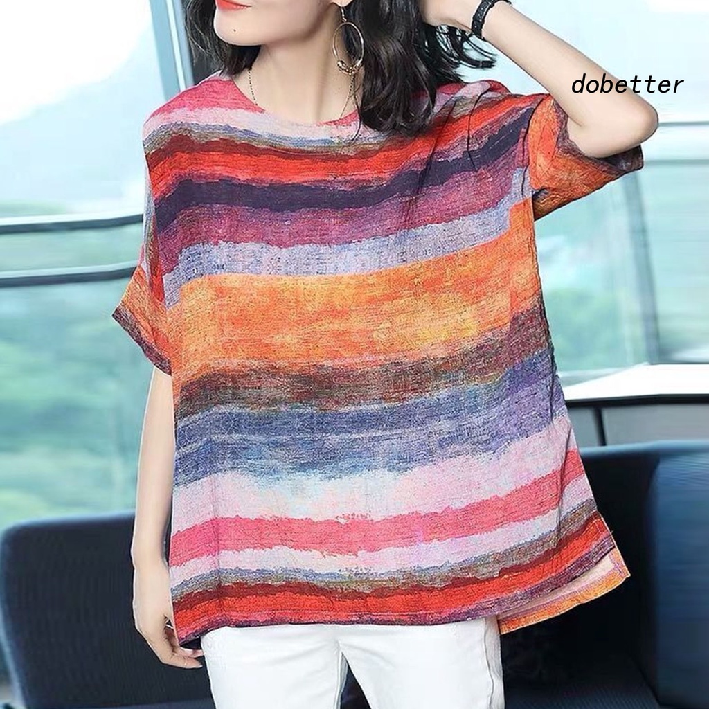 Áo Thun Tay Ngắn Cổ Tròn Dáng Rộng Họa Tiết Kẻ Sọc Màu Khối Thời Trang Mùa Hè Xinh Xắn Cho Nữ