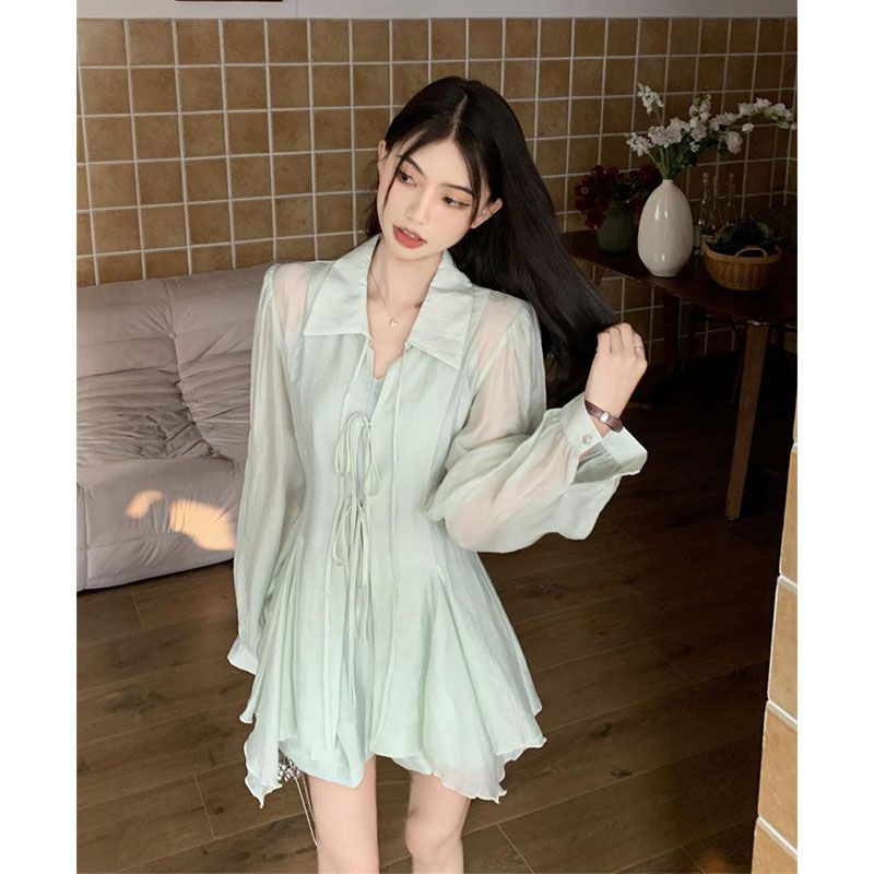 Bộ Áo Sơ Mi Mỏng Nhẹ Trong Suốt Chống Nắng Phối Quần Short Thời Trang Xinh Xắn Cho Nữ 6.27