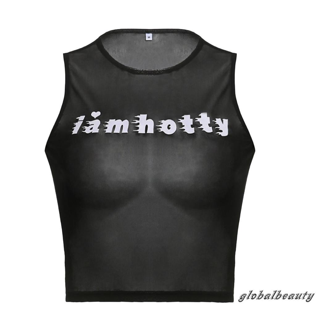 Áo Thun Lưới Không Tay In Chữ Thời Trang Dành Cho Nữ