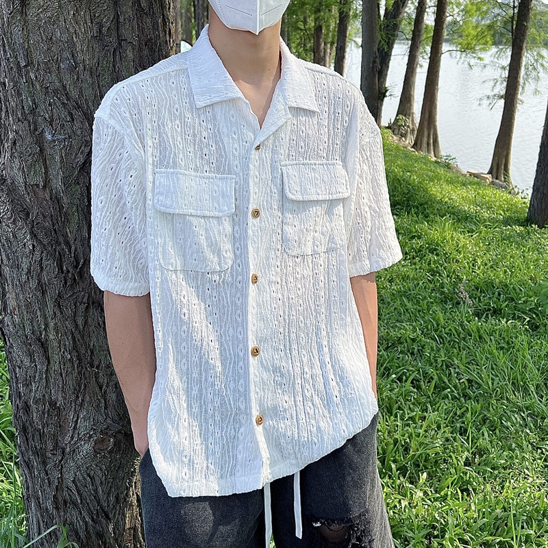 Áo Sơ Mi Ngắn Tay Màu Sắc Đơn Giản Phong Cách Harajuku Nhật Bản Cho Nam