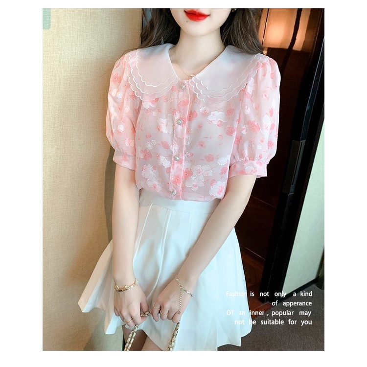 Áo Sơ Mi Chiffon Tay Ngắn Cổ Búp Bê In Họa Tiết Hoa Mẫu Mới 2023 Thời Trang Mùa Hè Cho Nữ